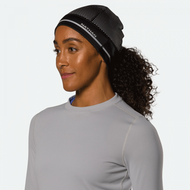 Nathan HyperNight Reflective Ponytail Beanie Black/Geo Print