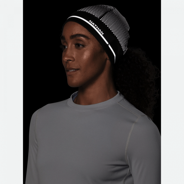 Nathan HyperNight Reflective Ponytail Beanie Black/Geo Print